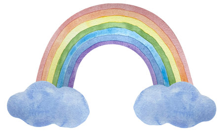 Watercolor illustration of bright colorful rainbow with clouds isolated on whiteの写真素材