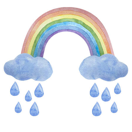 Watercolor illustration of bright colorful rainbow with clouds and rain blue drops isolated on whiteの写真素材