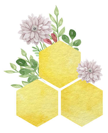 Watercolor illustration of colorful big bees combs with flowers and leaves isolated on white background.の写真素材