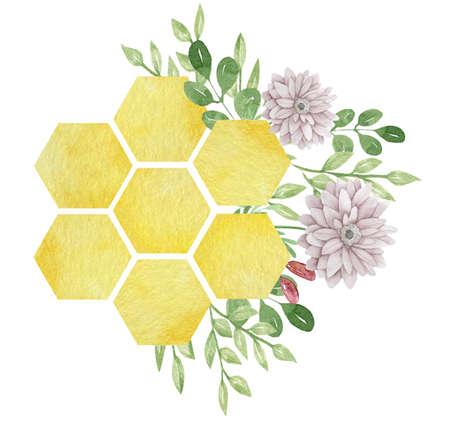 Watercolor illustration of colorful big bees combs with flowers and leaves isolated on white background.の写真素材