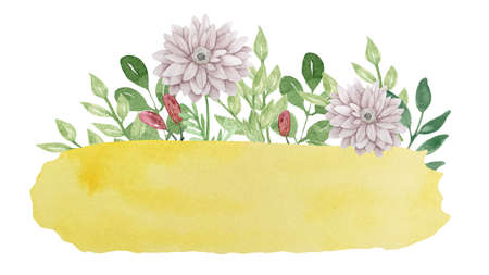 Watercolor illustration of yellow background with flowers and leaves isolated on white background.の写真素材