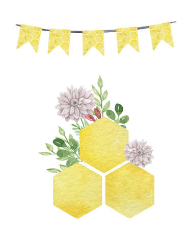 Watercolor illustration of colorful big bees combs with flowers and leaves isolated on white background.の写真素材