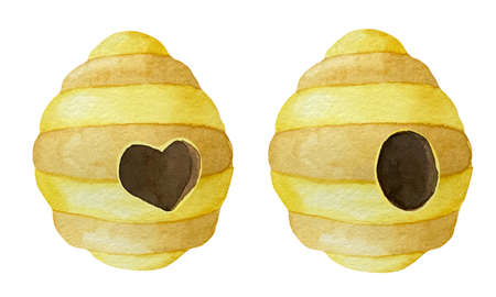 Watercolor illustrations of beehive with heart shaped entrance. Watercolor illustrations in the theme of beekeepingの写真素材
