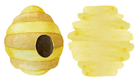 Watercolor illustrations of beehive with heart shaped entrance. Watercolor illustrations in the theme of beekeepingの写真素材