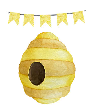 Watercolor illustrations of beehive with heart shaped entrance. Watercolor illustrations in the theme of beekeepingの写真素材