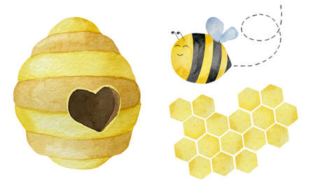 Watercolor illustrations of beehive with heart shaped entrance. Watercolor illustrations in the theme of beekeeping with honeycomb and beeの写真素材