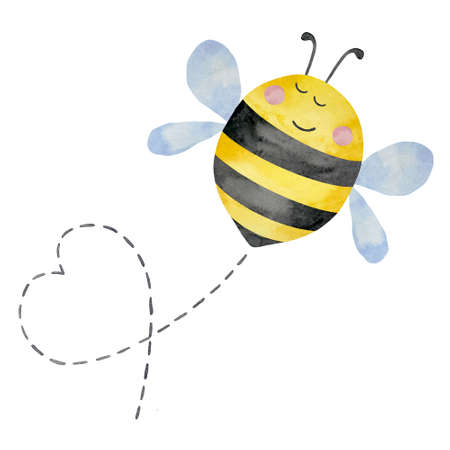 Watercolor illustration of cute bee with flight path in heart shape, honey, summer theme. Honey design for baby.の写真素材