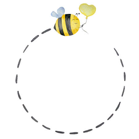 Watercolor illustration of cute bee with flight path, honey, summer theme. Honey design for baby.の写真素材