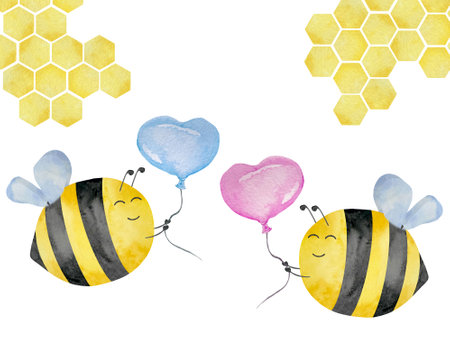 Watercolor illustration of cute bees with flight path, honey, summer theme. Girl and Boy Bee baby shower party. Honey design for baby.の写真素材