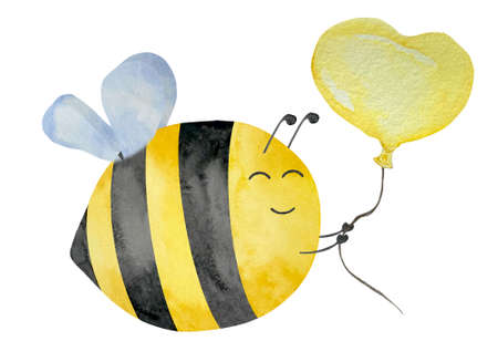 Watercolor illustration of cute bee with yellow balloon in heart shape, honey, summer theme. Honey design for baby.の写真素材