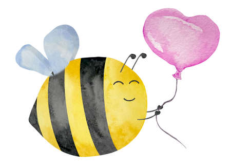Watercolor illustration of cute bee with pink balloon in heart shape, honey, summer theme. Honey design for baby.の写真素材