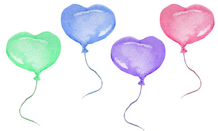 watercolor cute bright pink, purple, green and blue air balloons in heart shape with black waving twine.の写真素材