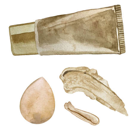 Watercolor illustration of foundation cream tube with cosmetic texture smear and face sponge. Cosmetics glamour fashion illustrationの写真素材