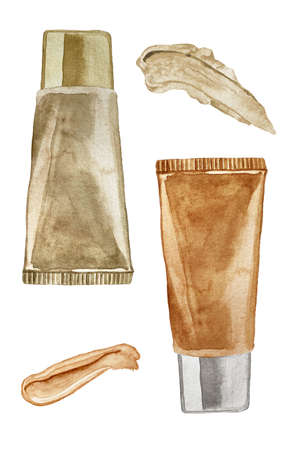Set of watercolor illustration of foundation bottles and tube with cosmetic texture smear. Cosmetics glamour fashion illustrationの写真素材