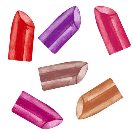 Broken watercolor broken red, pink and purple lipstick make up isolated on a white backgroundの写真素材