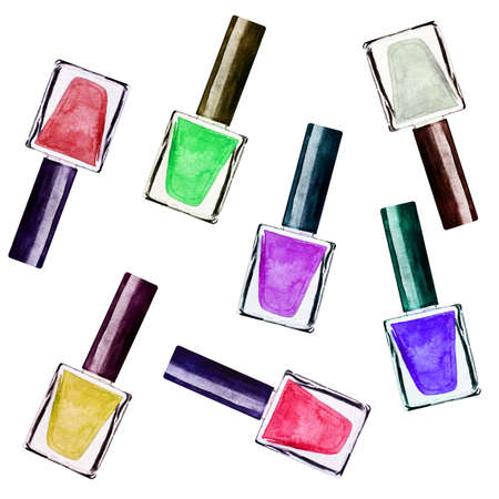Set of watercolor illustration of rainbow nail polish isolated on white backgroundの写真素材