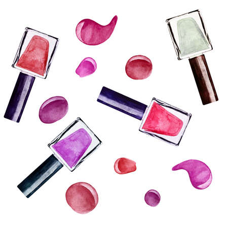 Set of watercolor illustration of red and pink nail polish with drops isolated on white backgroundの写真素材