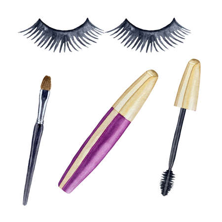 Watercolor set of cosmetics and make up artist objects. False eyelashes, brushes, mascara illustration.の写真素材