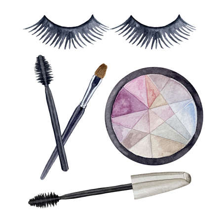 Watercolor set of cosmetics and make up artist objects. False eyelashes, eye shadows, brushes, mascara illustration.の写真素材