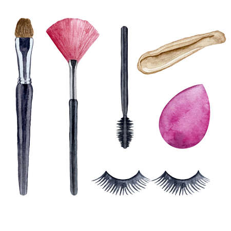 Watercolor set of cosmetics and make up artist objects. False eyelashes, brushes, sponge for foundation cream illustration.の写真素材