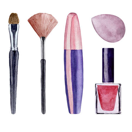 Watercolor set of cosmetics and make up artist objects. Brushes, mascara, sponge and red nail polish illustration.の写真素材