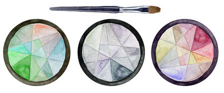 Watercolor illustration of multicolor eye shadow palettes set with brush on white isolated backgroundの写真素材