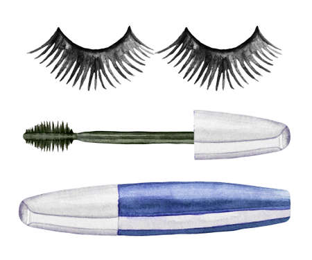 Watercolor set of cosmetics and make up artist objects. False eyelashes, brushes, mascara illustration.の写真素材