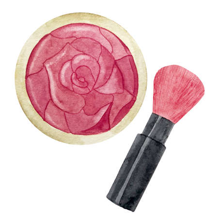 Watercolor illustration of face blusher powder and pink brush. Makeup face blusher in gold caseの写真素材
