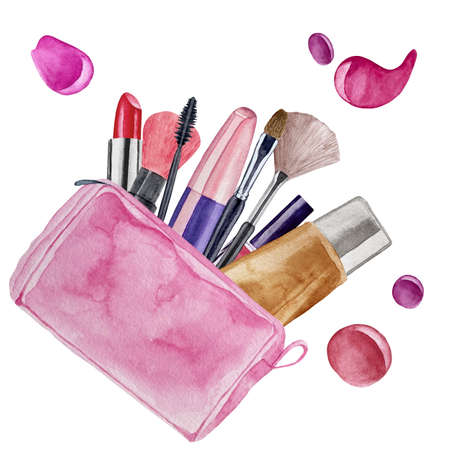 Watercolor pink cosmetics pattern with bag with make up artist objects lipstick, eye shadows, eyeliner, concealer, nail polish, mascaraの写真素材