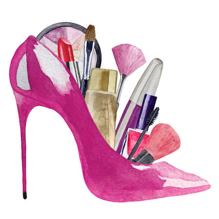 Watercolor illustration of pink high heels shoe with make up artist objects lipstick, eye shadows, eyeliner, concealer, nail polish, mascaraの写真素材