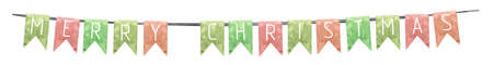 Watercolor illustration of Merry Christmas lettering bunting flags. Red, green xmas bannerの写真素材