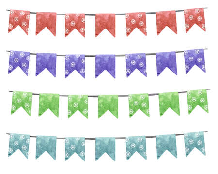 Watercolor illustration of red, blue and green Christmas bunting flags with snowflakesの写真素材