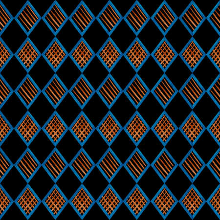 Watercolor seamless geometric blue and orange seamless geometric pattern with rhombs on black backgroundの写真素材