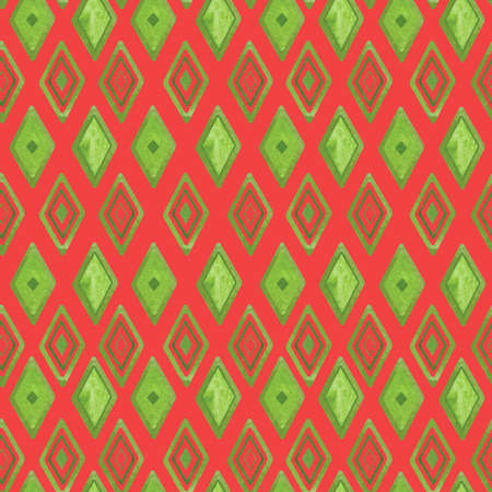 Watercolor christmas seamless pattern with abstract geometric green rhombs on red. Happy New and Merry Christmas texture.の写真素材