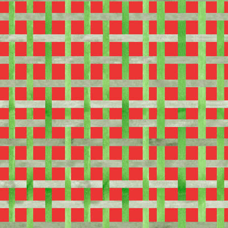 Watercolor christmas seamless pattern with abstract geometricin a white green cage on red. Happy New and Merry Christmas texture.の写真素材