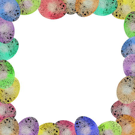 Watercolor frame of colored Easter eggs with specks on a white background. Ideal for invitations, cards, greetings, wedding design.の写真素材