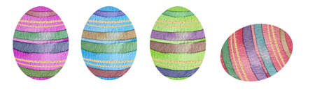 Watercolor set of colored stripes Easter eggs on a white background. Ideal for invitations, cards, greetings, wedding design.の写真素材