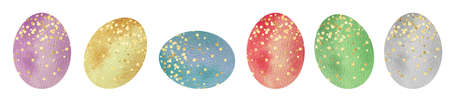 Watercolor set of colored Easter eggs with gold points on a white background. Ideal for invitations, cards, greetings, wedding design.の写真素材