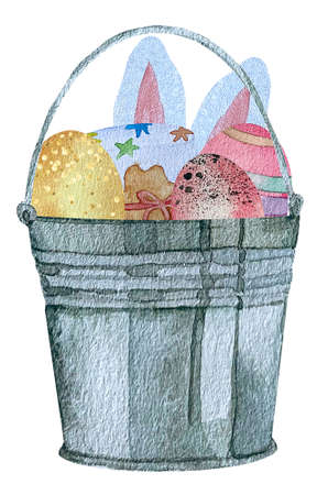 Watercolor spring Easter illustration with rusty bucket with colored eggsの写真素材