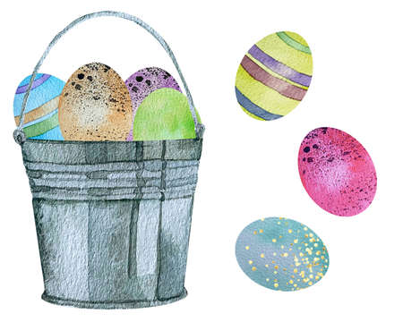 Watercolor spring Easter illustration with rusty bucket with colored eggsの写真素材