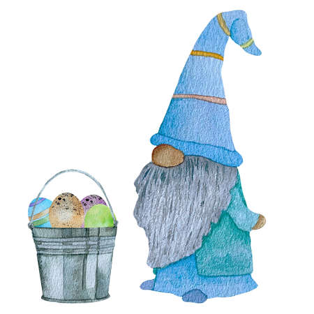 Cute watercolor Easter gnomes in blue with rusty bucket with colored eggs on a white background.の写真素材