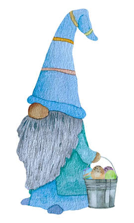 Cute watercolor Easter gnomes in blue with rusty bucket with colored eggs on a white background.の写真素材