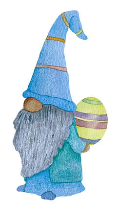 Cute watercolor Easter gnomes in blue with colorful eggs on a white background.の写真素材