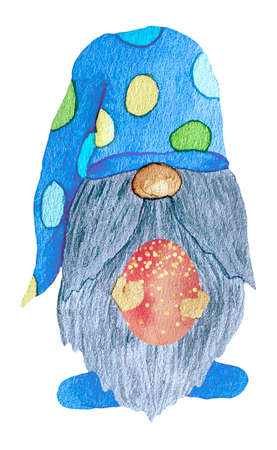Cute watercolor Easter gnomes in blue with colorful eggs on a white background.の写真素材