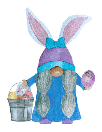 Cute watercolor Easter gnomes in blue with colorful eggs on a white background.の写真素材