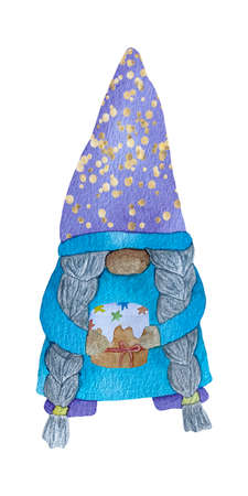 Cute watercolor Easter gnomes in blue with easter cake on a white background.の写真素材