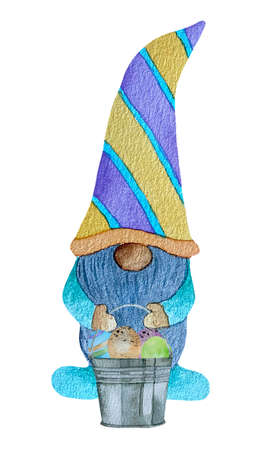 Cute watercolor Easter gnomes in blue with rusty bucket with colored eggs on a white background.の写真素材