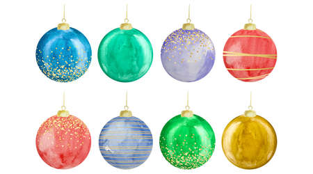 Watercolor illustration of colorful christmas balls for a Christmas tree with gold decor.の写真素材