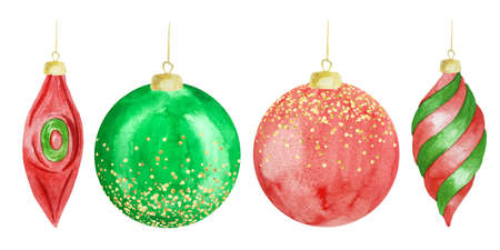 Watercolor illustration of colorful christmas balls for a Christmas tree with gold decor.の写真素材