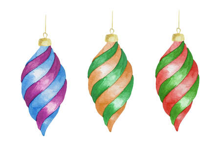 Watercolor illustration of colorful swirling christmas balls for a Christmas tree with gold decor.の写真素材